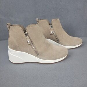 Alex Marie Boots Womens Size 7 Taupe Suede Leather Platform Wedge Ankle Side Zip